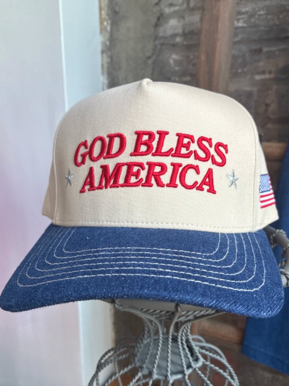 God Bless America Denim Trucker Hat